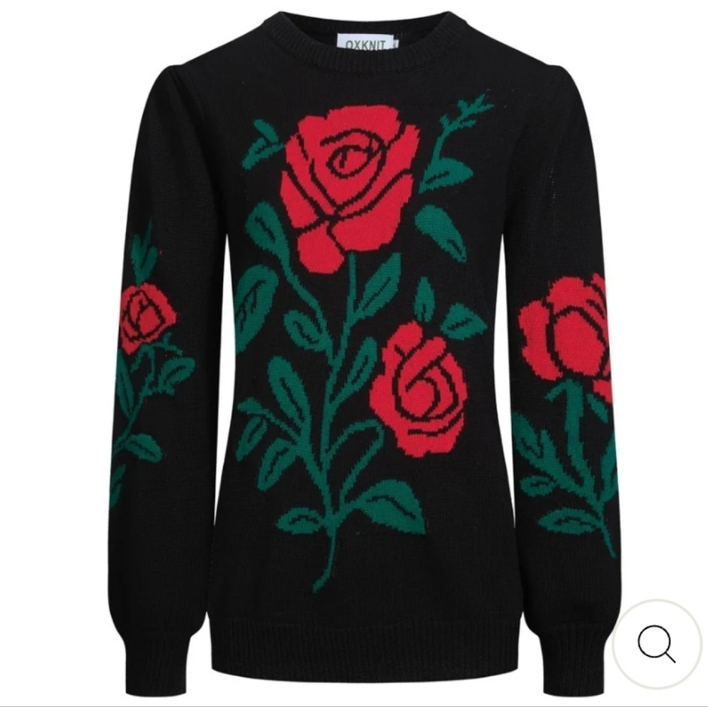 Floral Crew Neck Sweater - Black With Red and Green Accents